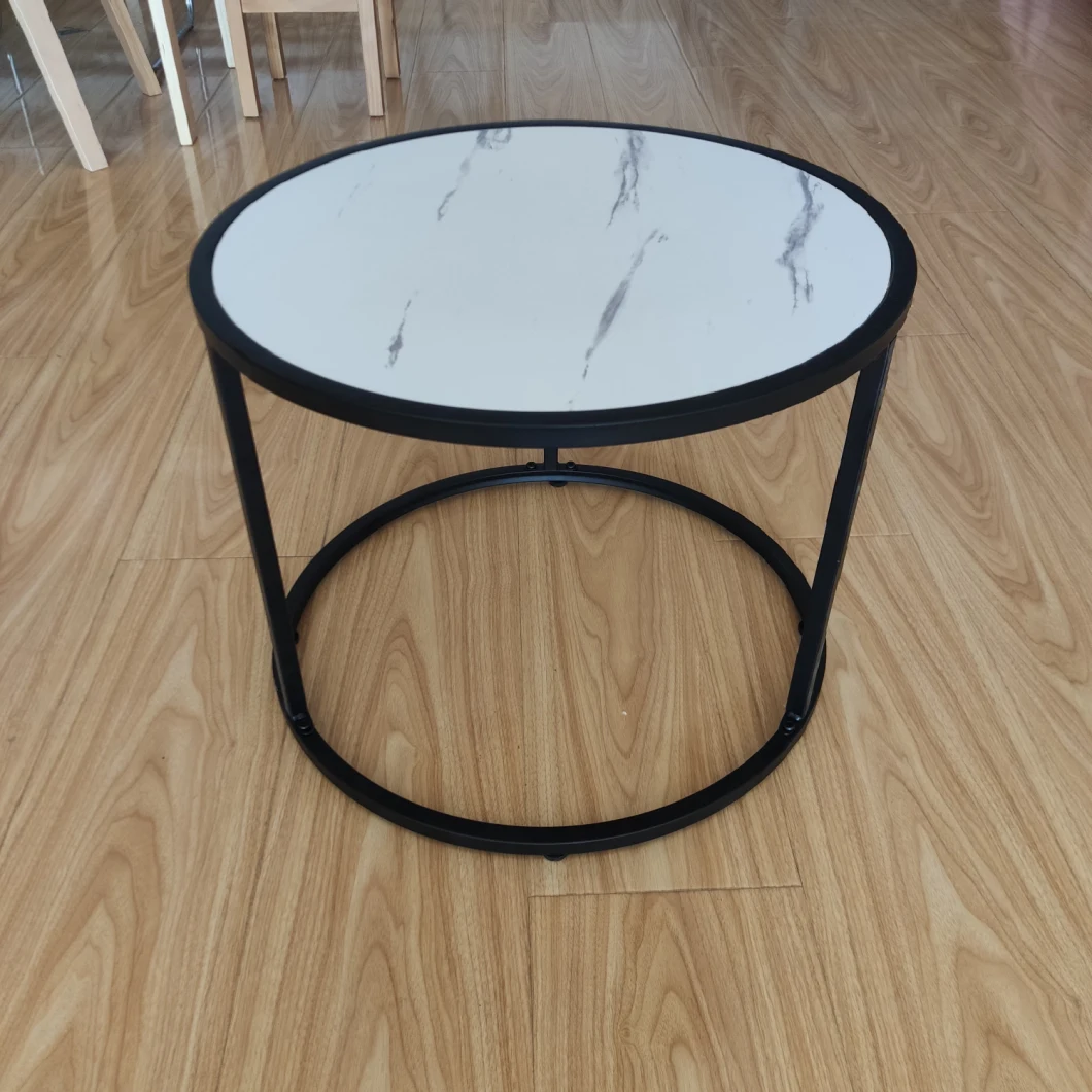 Living Room, Modern Cocktail Table with Wooden Top & Metal Frame White, Round Coffee Table