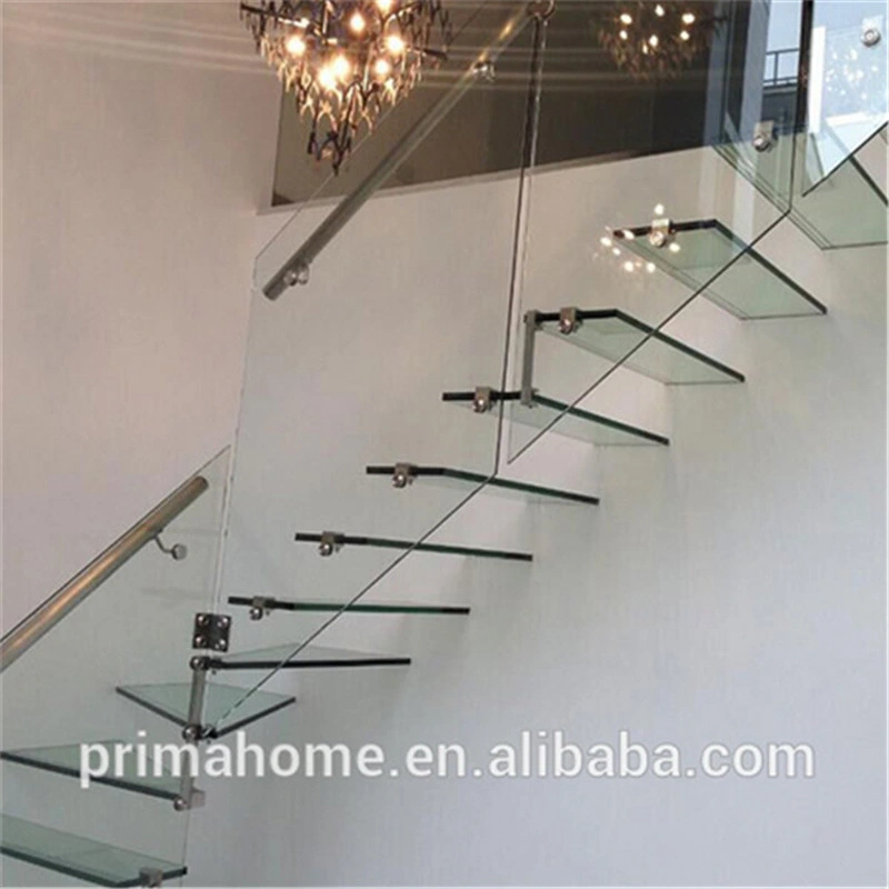 Floating Glass Stairs with Glass Tread Invisible Stringer Straight Glass Staircase