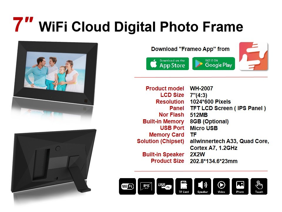 7 Inch 5g Wi-Fi IPS Panel Cote Wholesale Framed Wall Mounted Wood Digital Picture Photo Frames