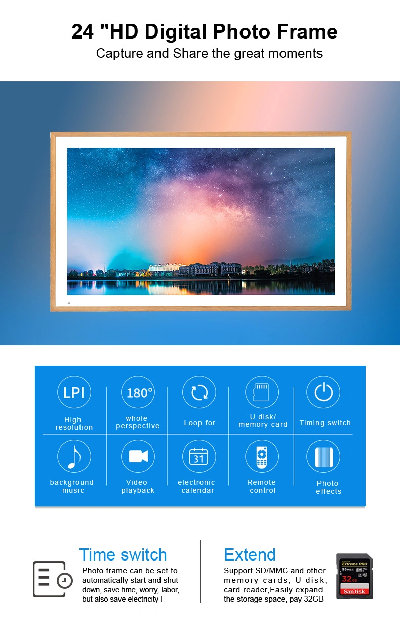 27 Inch Digital Photo Frame Traditional Wooden Frame WiFi Loop Video and Photo Commercial Advertising Picture Frame