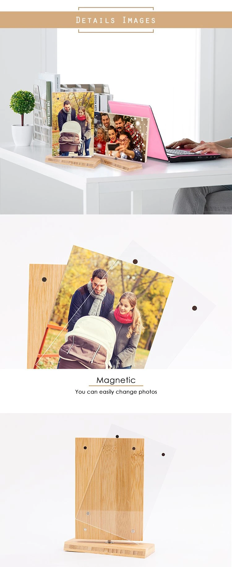 Solid Bamboo Rotating Self-Adhesive Photo Frame for Decoration, Memorial and Gifts