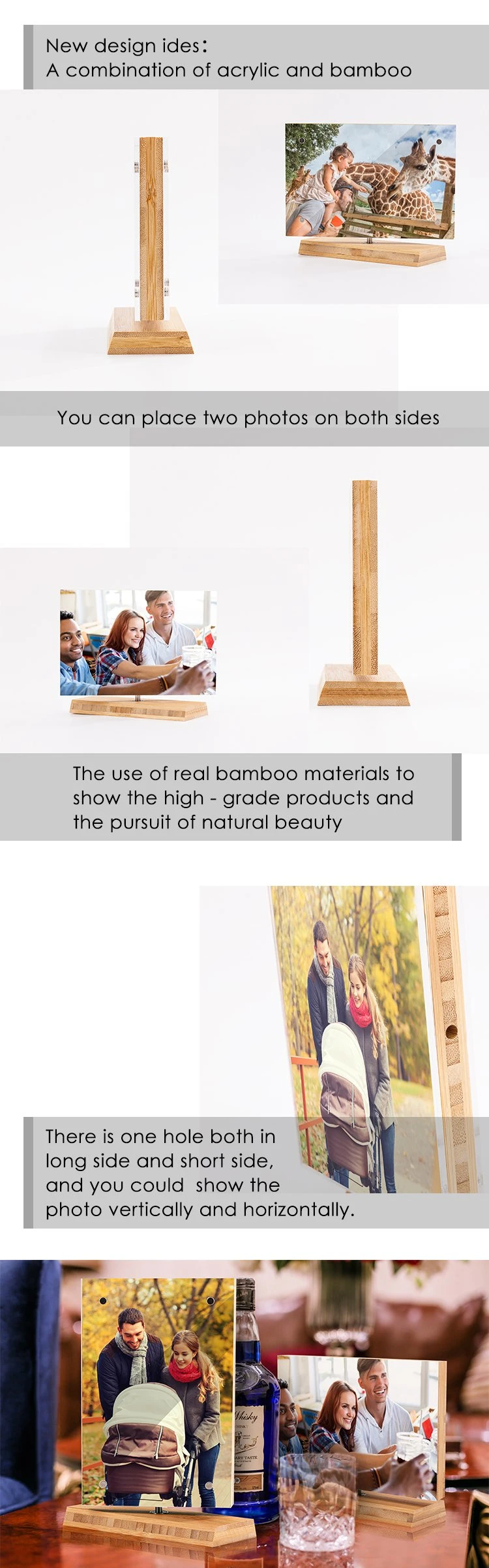 Spinner Double-Side Photo Bamboo Picture Photo Frame for Home Decoration with Certificate