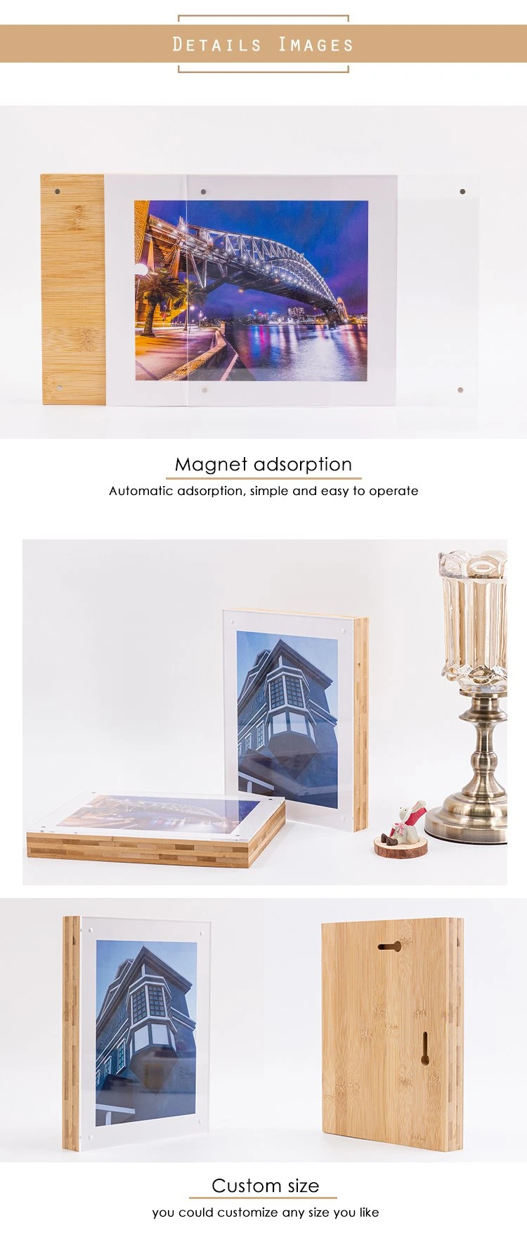 Wholesale Light Fashionable Bamboo Magnetic Photo Frame Wall and Table Decoration