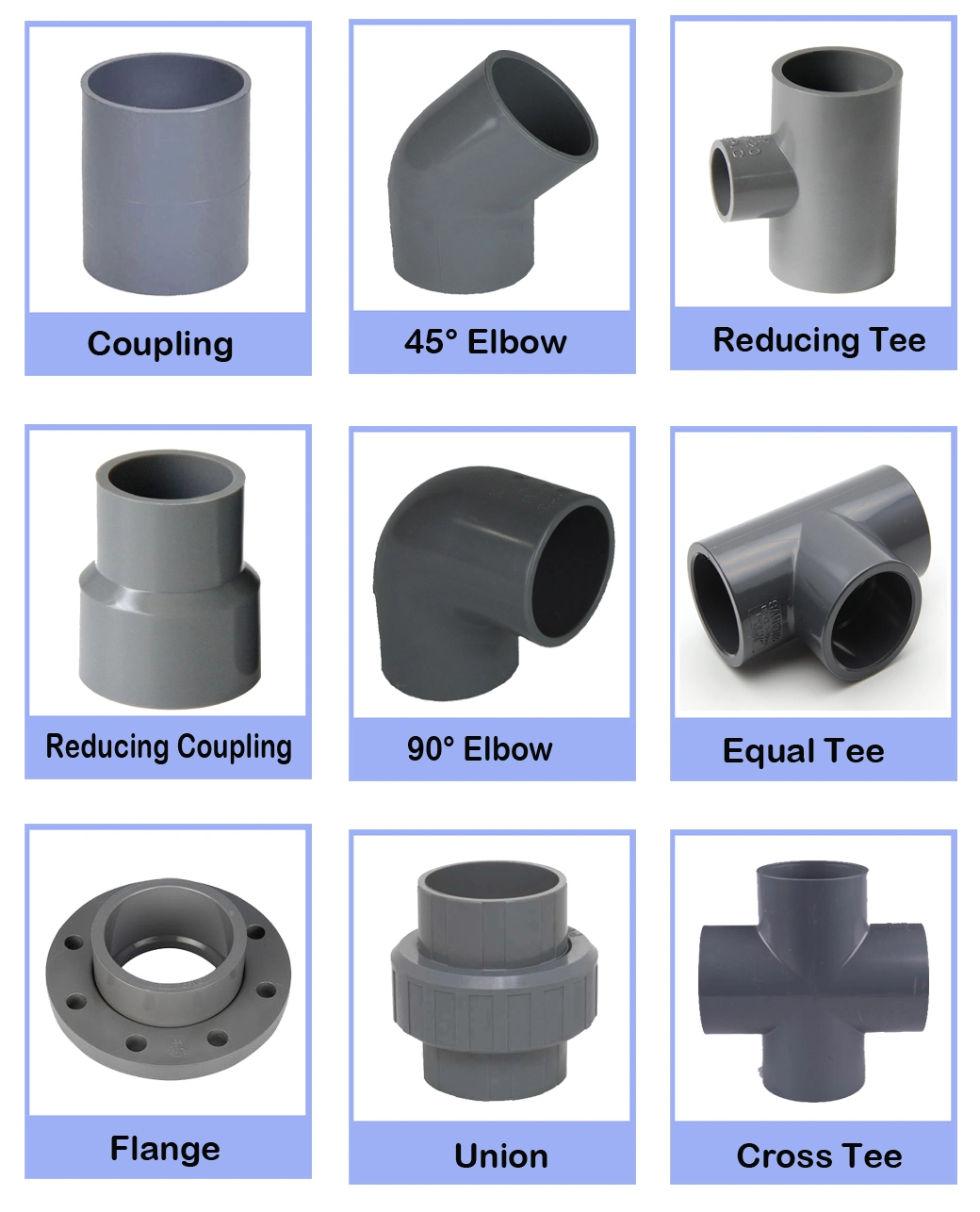 Gray/White Plastic Joint Plumbing Pipe Fitting Elbow Coupling Flange Tee Union End Cap Bushing Fiittings Pressure PVC/CPVC/UPVC Pipe Fitting for Drainage