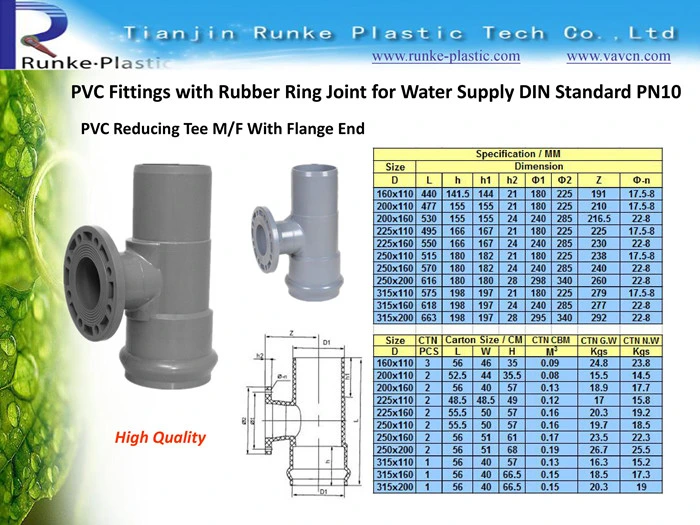 High Quality Plastic Pipe Fitting Equal Tee Rubber Ring Joint UPVC Pipe Fitting Reducing Tee UPVC Pressure Pipe Fitting for Water Supply DIN Standard