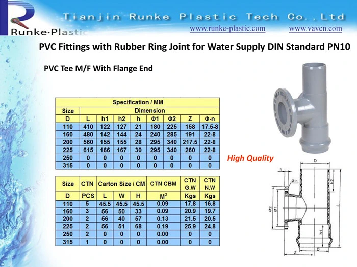 High Quality Plastic Pipe Fitting Equal Tee Rubber Ring Joint UPVC Pipe Fitting Reducing Tee UPVC Pressure Pipe Fitting for Water Supply DIN Standard