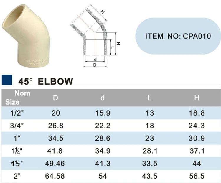 Hot Sale Water Supply Era Plastic/CPVC/Pressure Pipe Fittings 45 Elbow ASTM D2846