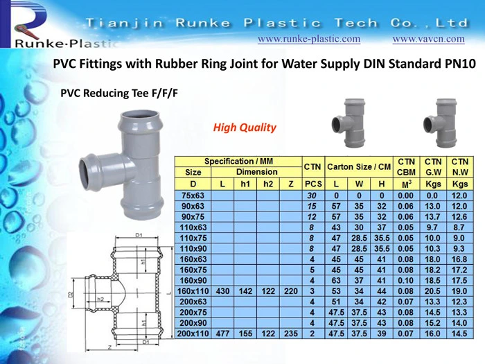 High Quality Plastic Pipe Fitting Equal Tee Rubber Ring Joint UPVC Pipe Fitting Reducing Tee UPVC Pressure Pipe Fitting for Water Supply DIN Standard