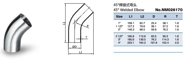 Sanitary Stainless Steel Pipe Fitting: 45 Degree Welded Elbow &Pipe Fitting (BS4825)