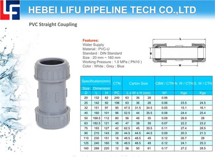 High Quality DIN Standard for Water Supply Plastic Pipe Compression Repairing Coupling UPVC Pressure Pipe Repairing Coupling Joint UPVC Expansion Coupling