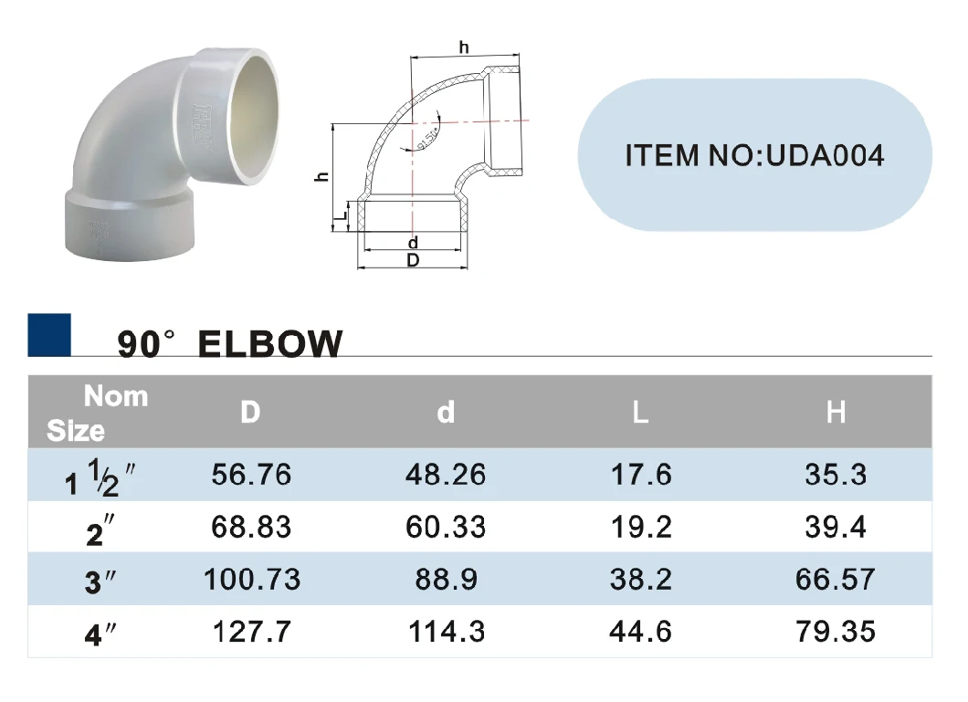 Era PVC Pipe Fitting 90degree Elbow 1-1/2'' ASTM D2665 for Drainage
