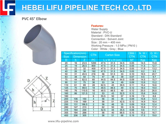 High Quality 1.0MPa Plastic Pipe Fitting PVC Pipe 45 Degree Elbow and Fittings UPVC Pressure Pipe Fittings DIN Standard for Water Supply