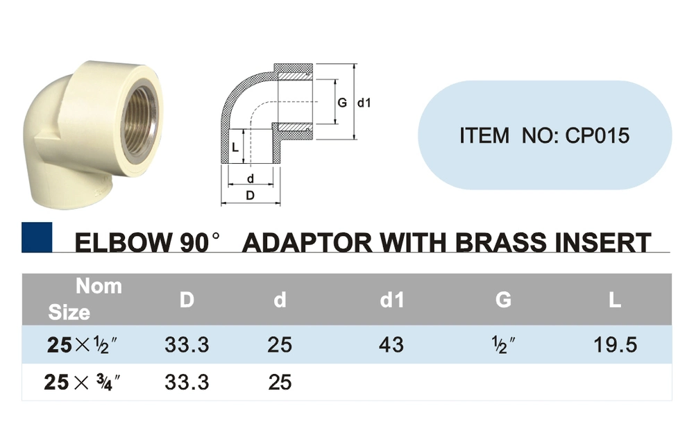 CPVC DIN Pipe Fitting Elbow 90d Adaptor with Brass Insert CPVC Fitting