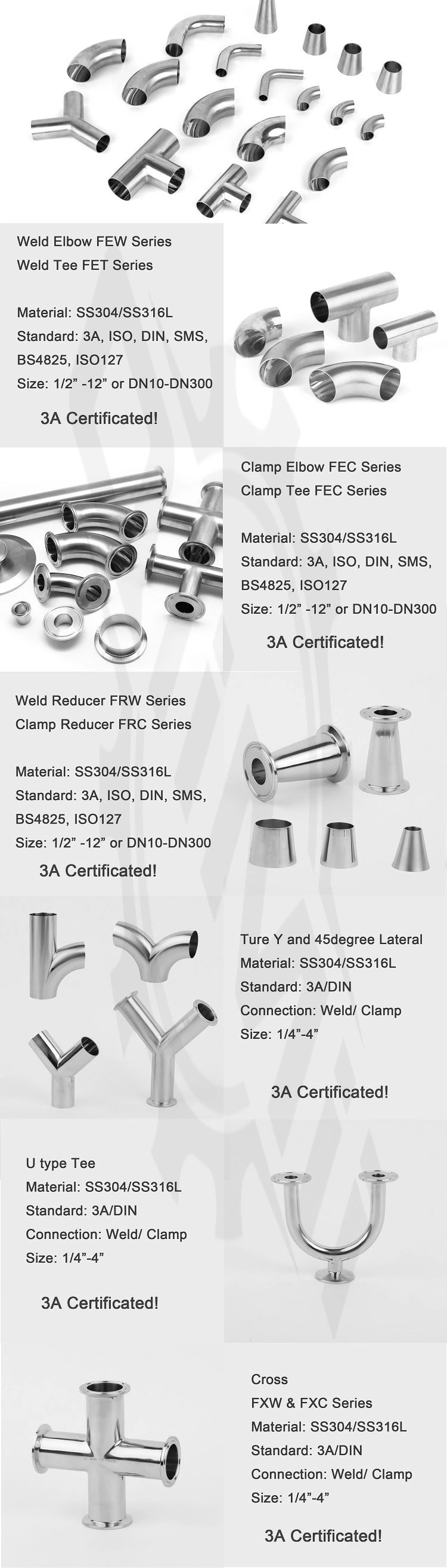 DIN/SMS/3A/BS Sanitary Stainless Steel Pipe Fittings Equal Tee Reducing Tee
