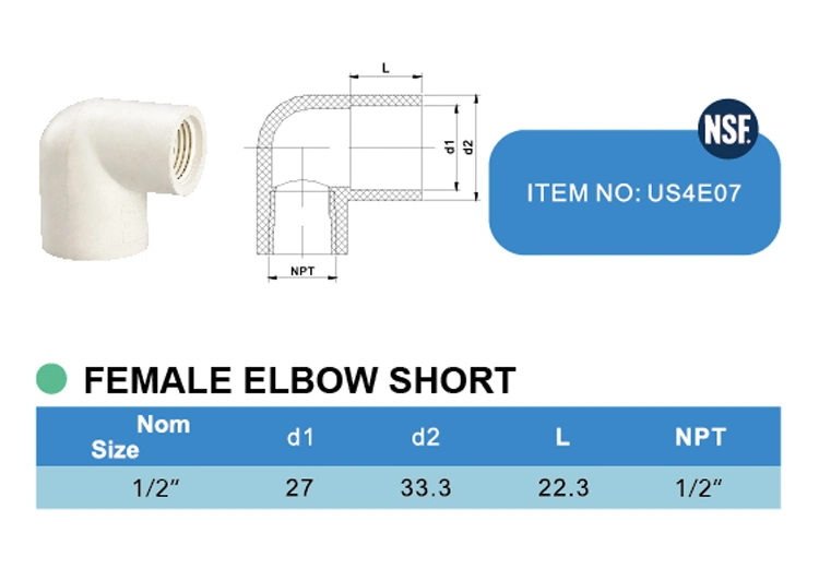 Manufacture UPVC/PVC/Plastic/Pressure Pipe Fittings NSF Certificate Sch40 Reducing Female Elbow