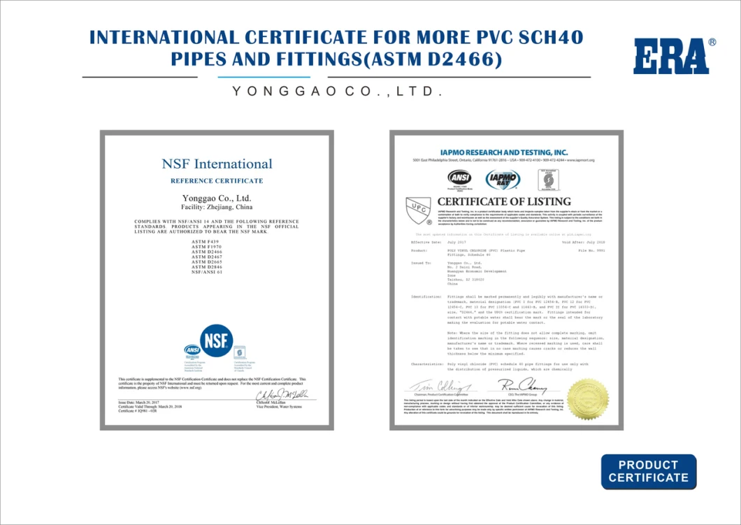 NSF Certificate Era ASTM D2466 UPVC/PVC/Plastic/Pressure Pipe Fitting Sch40 Female Elbow