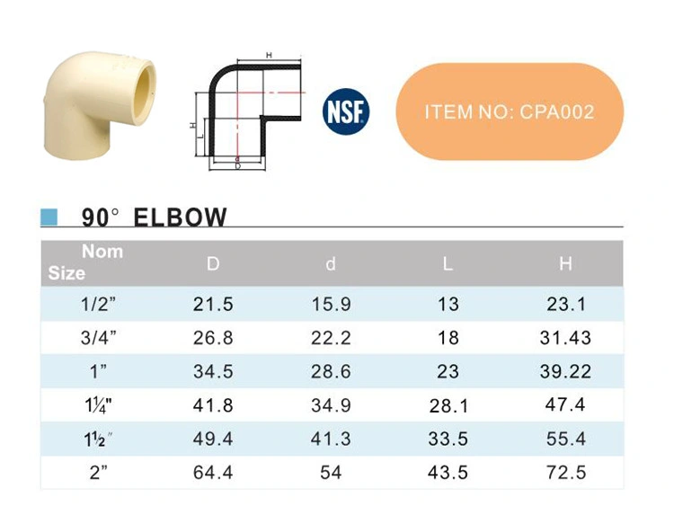 Era Brand Hot and Cold Water Supply CPVC ASTM D2846 Fitting 90 Elbow