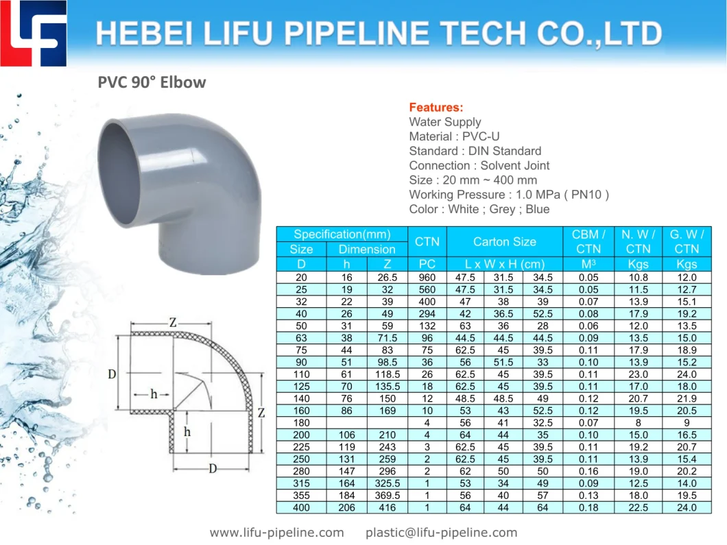 High Quality Pn16 Plastic 45 Degree Elbow Fittings PVC Pipe and Fitting UPVC Pipe Fitting UPVC Pressure Pipe Fitting for Water Supply DIN Standard 1.0MPa=Pn10
