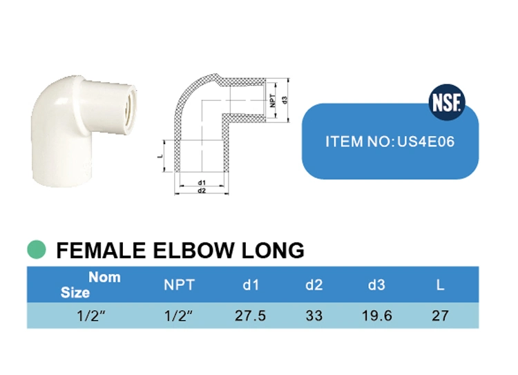 Era Sch40 ASTM D2466 UPVC/PVC/Plastic/Pressure Pipe Fittings Manufacture Female Elbow NSF & Upc