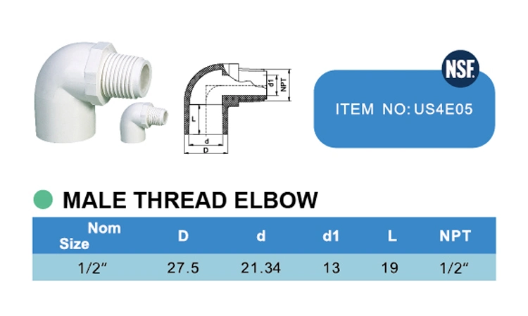 Era Manufacture NSF Sch40 Plastic UPVC/PVC/Plastic/Pressure Pipe Fitting Male Elbow