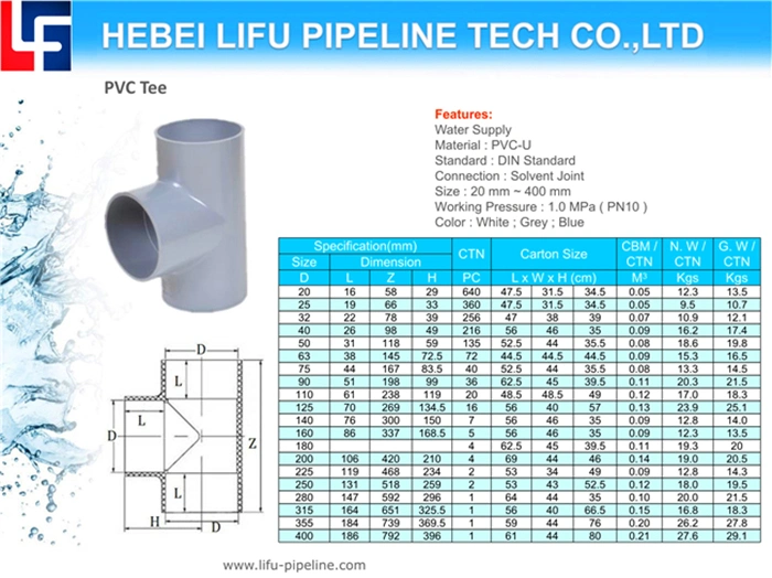 High Quality Water Supply DIN Standard Pn10 Plastic Pipe Tee UPVC Pipe Fitting Equal Tee UPVC Pipe Fitting Reducing Tee UPVC Pressure Pipe Tee