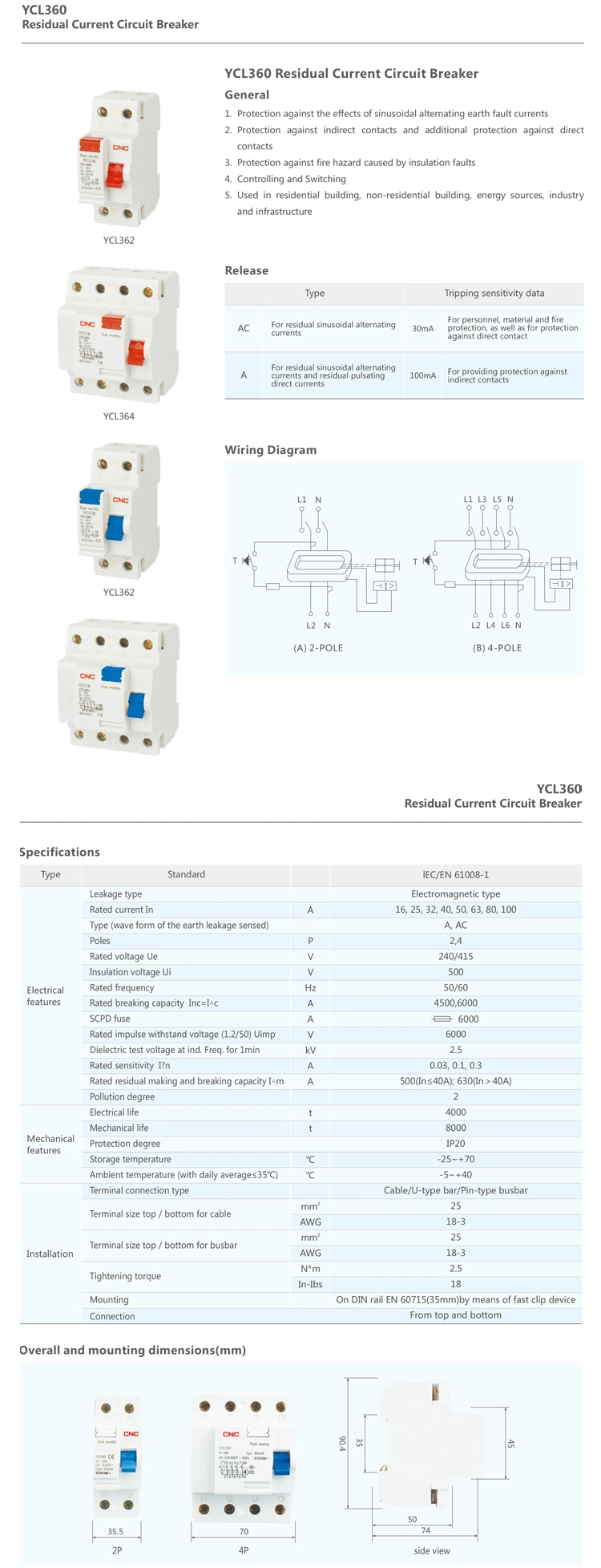 Yiwu Factory 40A 4pole 30mA RCCB 40A 4p 30mA RCCB 400A Residual Current 3p RCBO Circuit Breaker