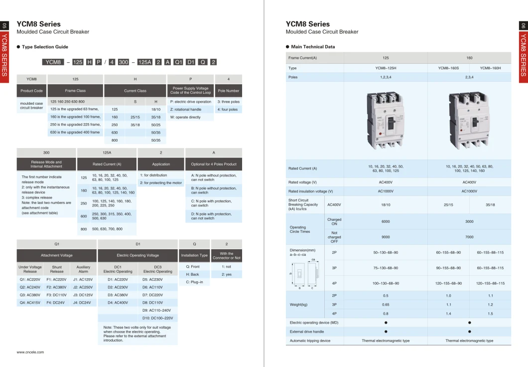 Ycm8 Current Adjustable Moulded Case 250A 160A 125A 100 AMP Smart Circuit Breakers Electronic Adjustable MCCB