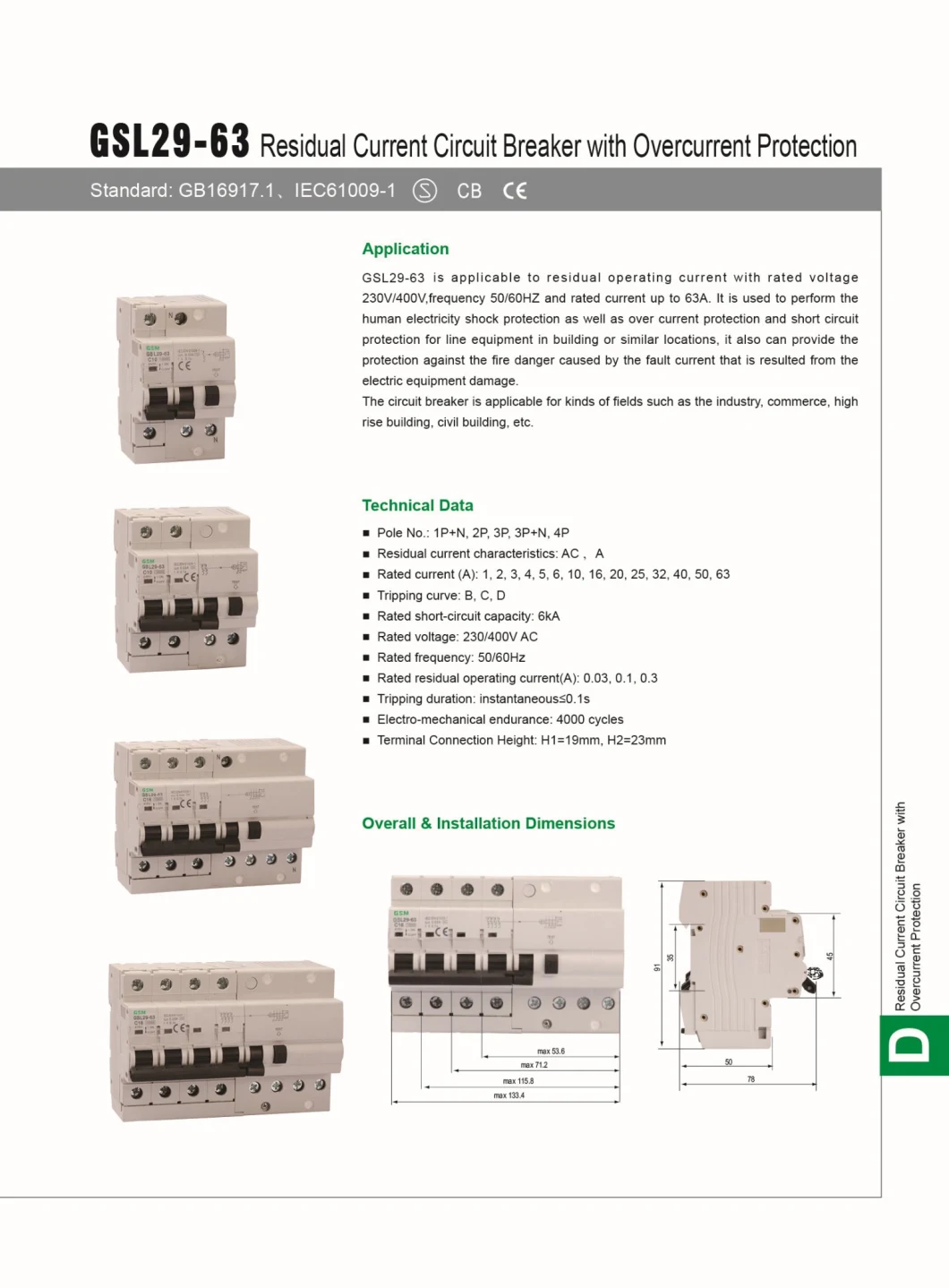 Circuit Breakerminiature Circuit Breaker, MCB, RCD, RCCB, RCBO 1p+N Gsl29-63