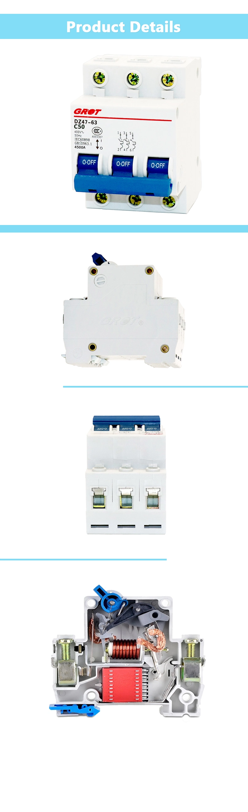 3p 50A 4.5ka Short Circuit Protect Overload Miniature Circuit Breaker