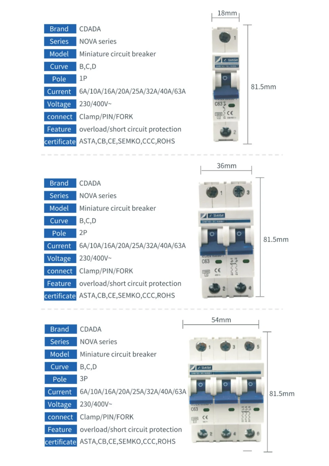 MCB Nova DAB7-63 10ka 1p 2p 3p 4p Micro Circuit Breaker