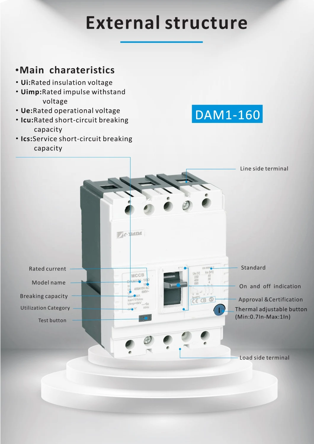 Dam1-800 3p Thermal Adjustable Molded Case Circuit Breaker MCCB