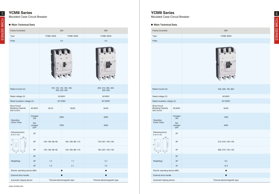 Ycm8 Current Adjustable Moulded Case 250A 160A 125A 100 AMP Smart Circuit Breakers Electronic Adjustable MCCB