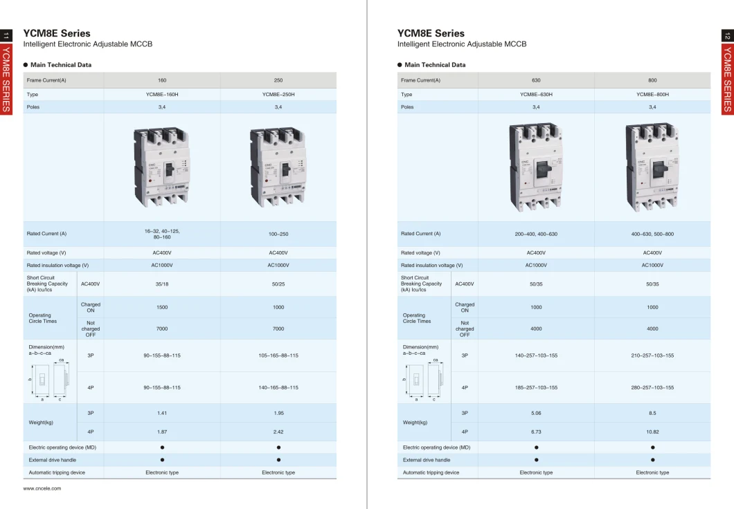 Ycm8 Current Adjustable Moulded Case 250A 160A 125A 100 AMP Smart Circuit Breakers Electronic Adjustable MCCB