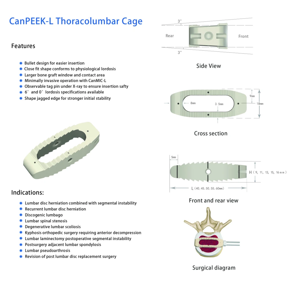 Canpeek-L Lateral Lumbar Interbody Fusion Peek Cage System, Spine Bone Graft Orthopedic Implant