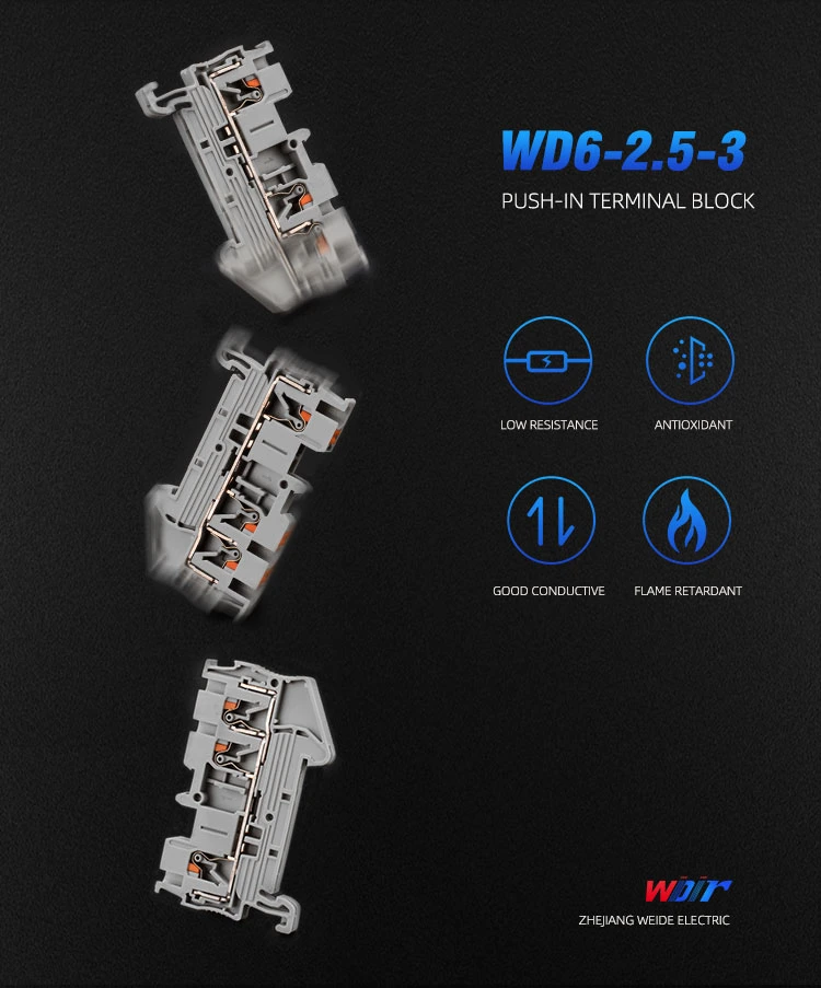 Machinery Part Hardware Push-in Terminal Block Connector Grey Terminal Customized 2.5mm Wire 3-Ways
