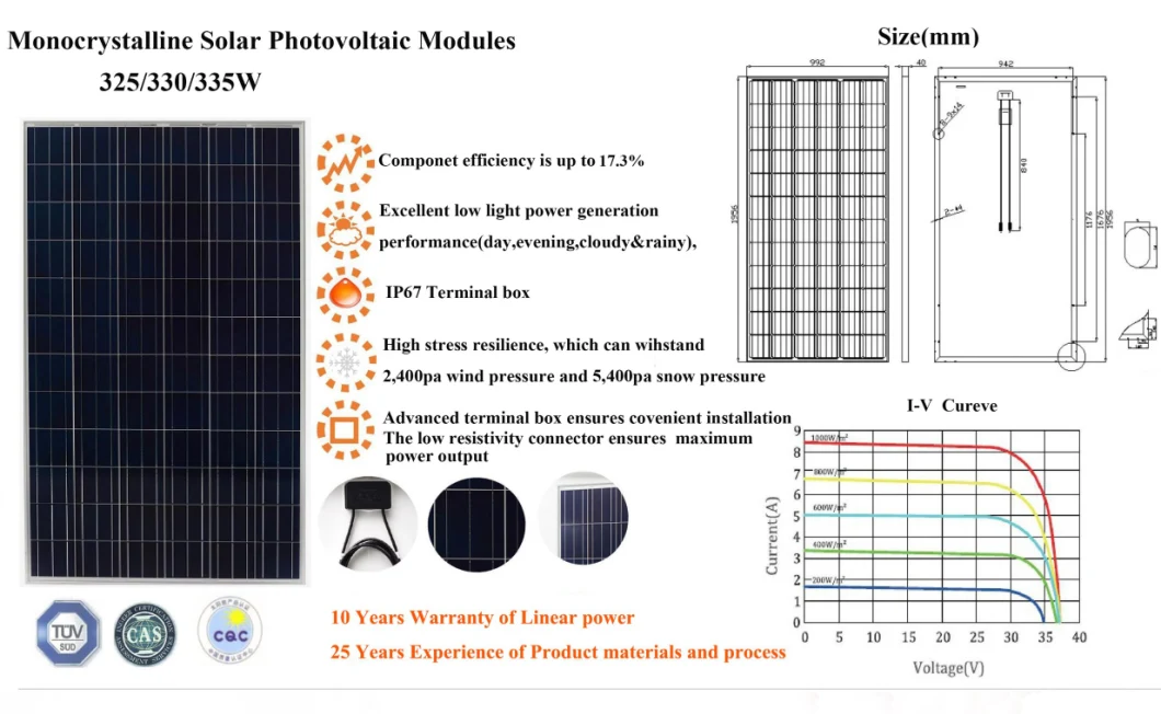 Power Energy System IP67 Solar Panel 325W 330W 335W Monocrystal Solar Photovoltaic Modules