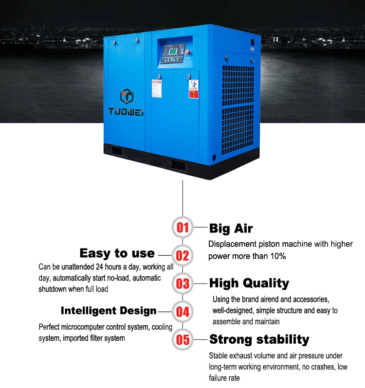 Industrial Stationary Low Noise 380V 3 Phase Direct Driven AC Power Oilless Rotary Screw Air Compressor