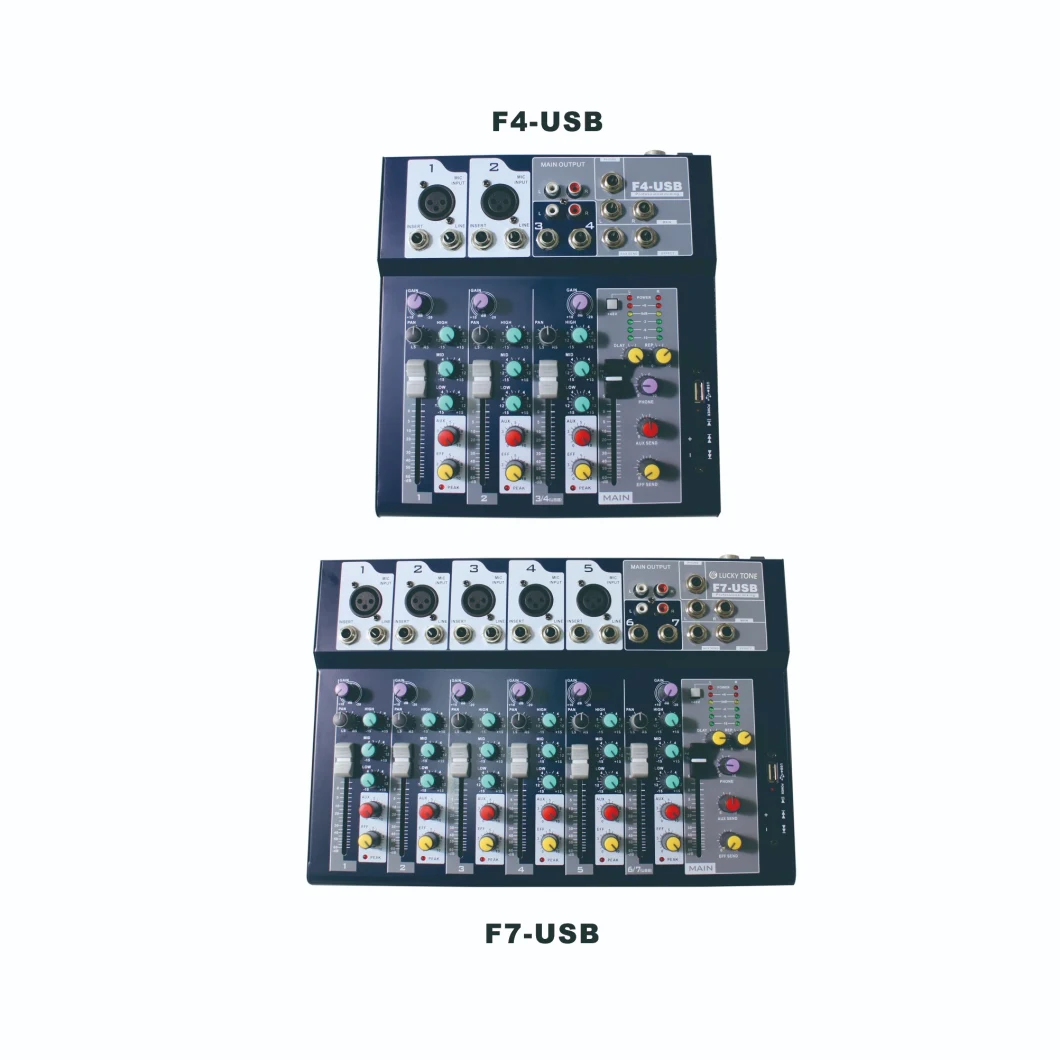 7 Channels USB Mixer with 5 Mono Microphone, 1 Line Input and 1 Stereo Input