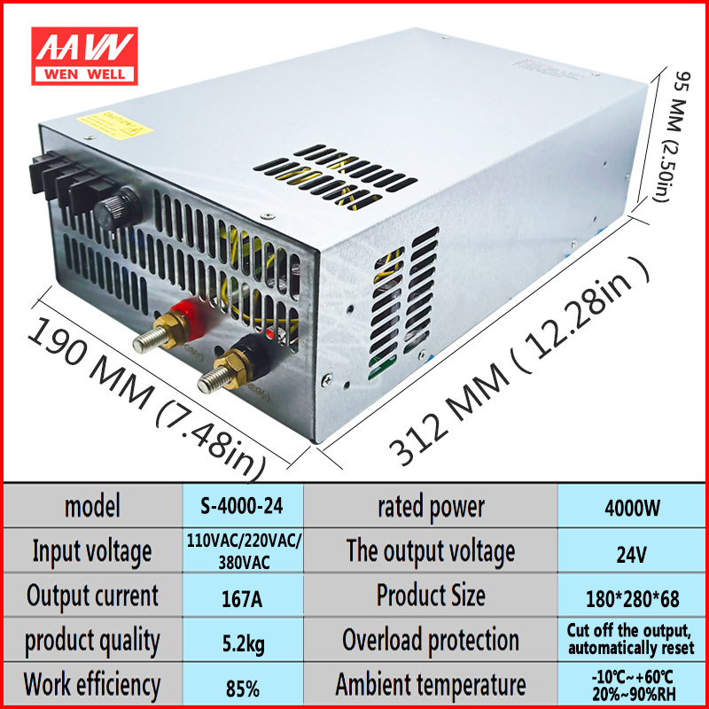 4000W High Power DC Regulated Power Supply DC 24V Output Single Group Monitoring Industrial Power Supply S-4000-24V