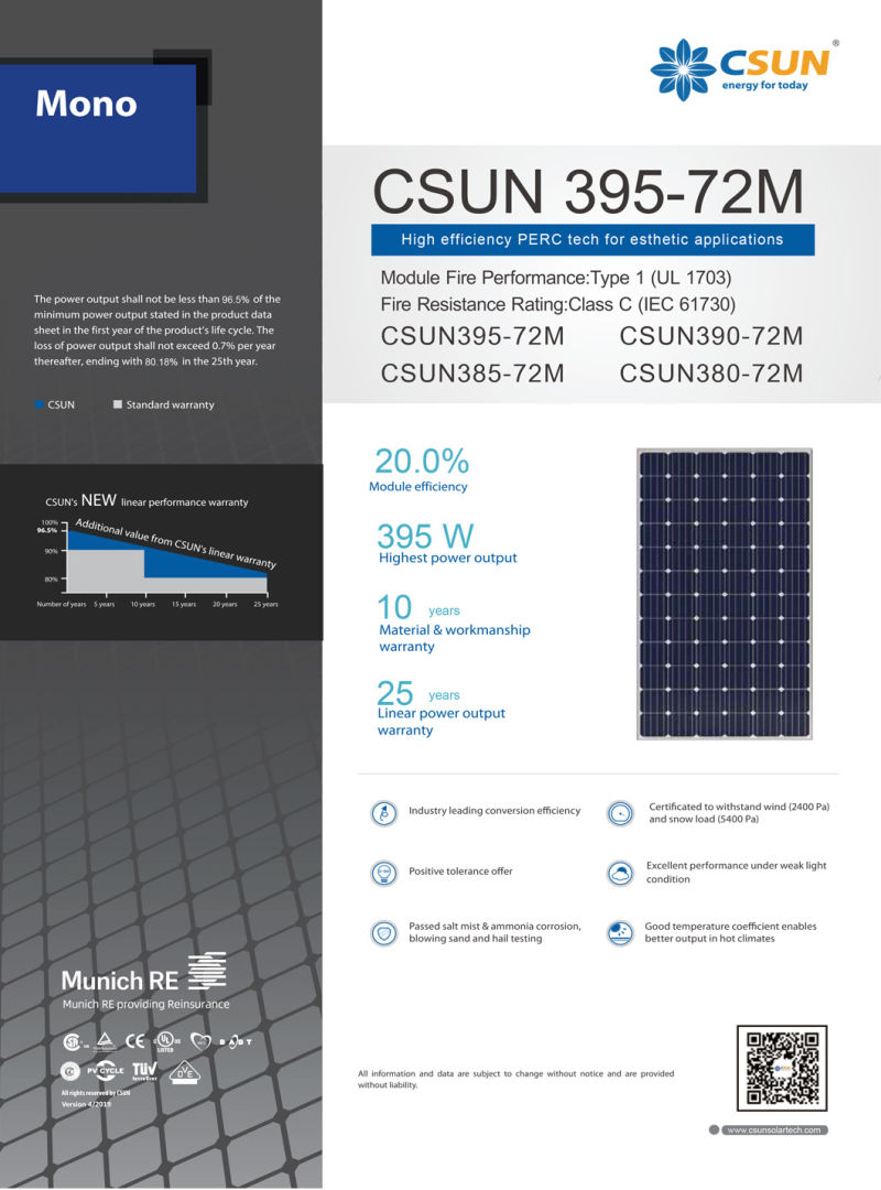 Csun Mono Photovoltaic Solar Power Panel 390W PV Modules