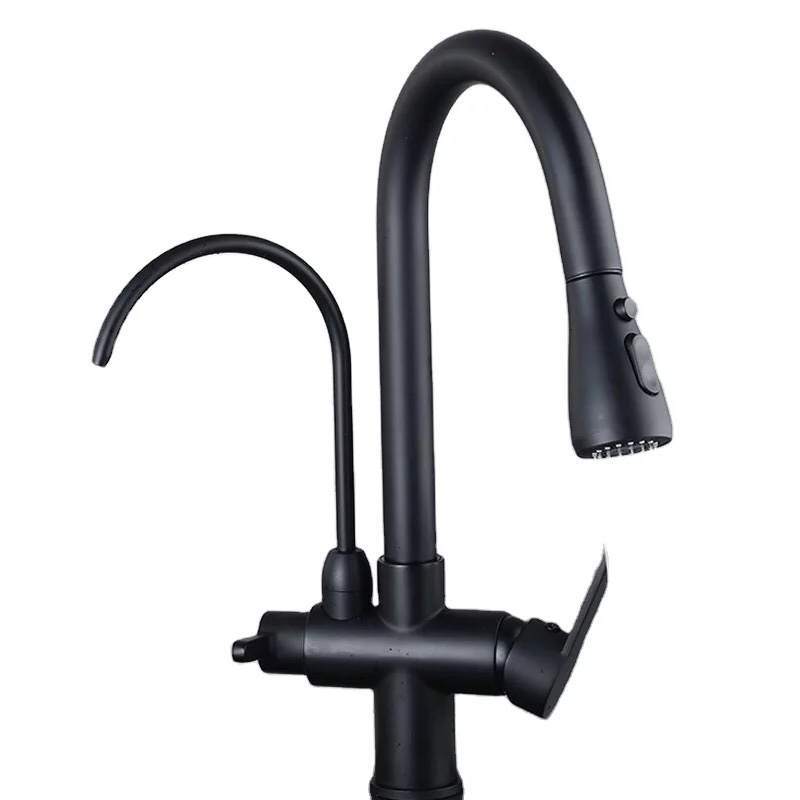 Multifunction Black Kitchen Sink Faucet Brushed Pull Down Dual Handle Water Filter Purifier Faucets