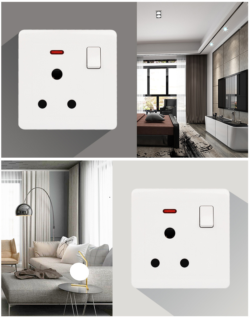White Switched 15A Round Hole 3 Pin Wall Power Socket Outlet