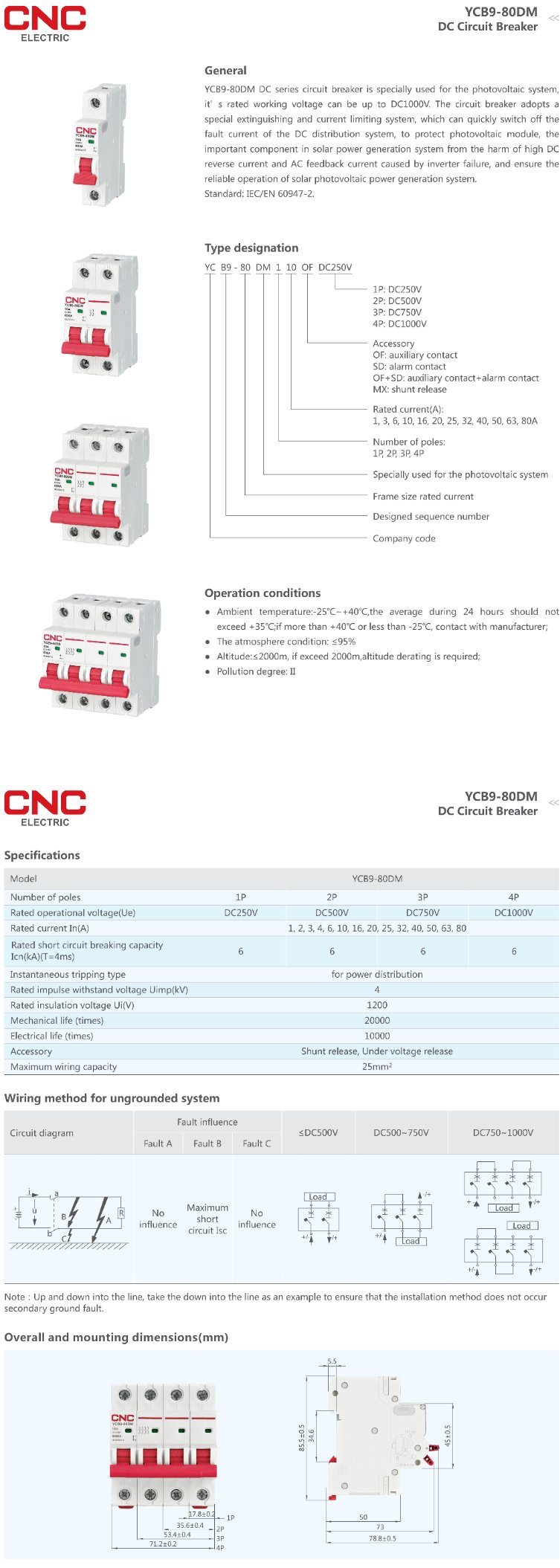 CNC 2 Poles DC MCB 500V 63A 500V DC MCB 2p DC 500V 32A 2p