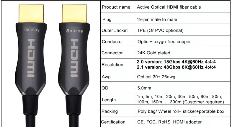 HDMI Active Hybrid Cable HDMI 2.0 Aoc 4K Support up to 100m Maximum Length, Plug and Play. No External Power Required