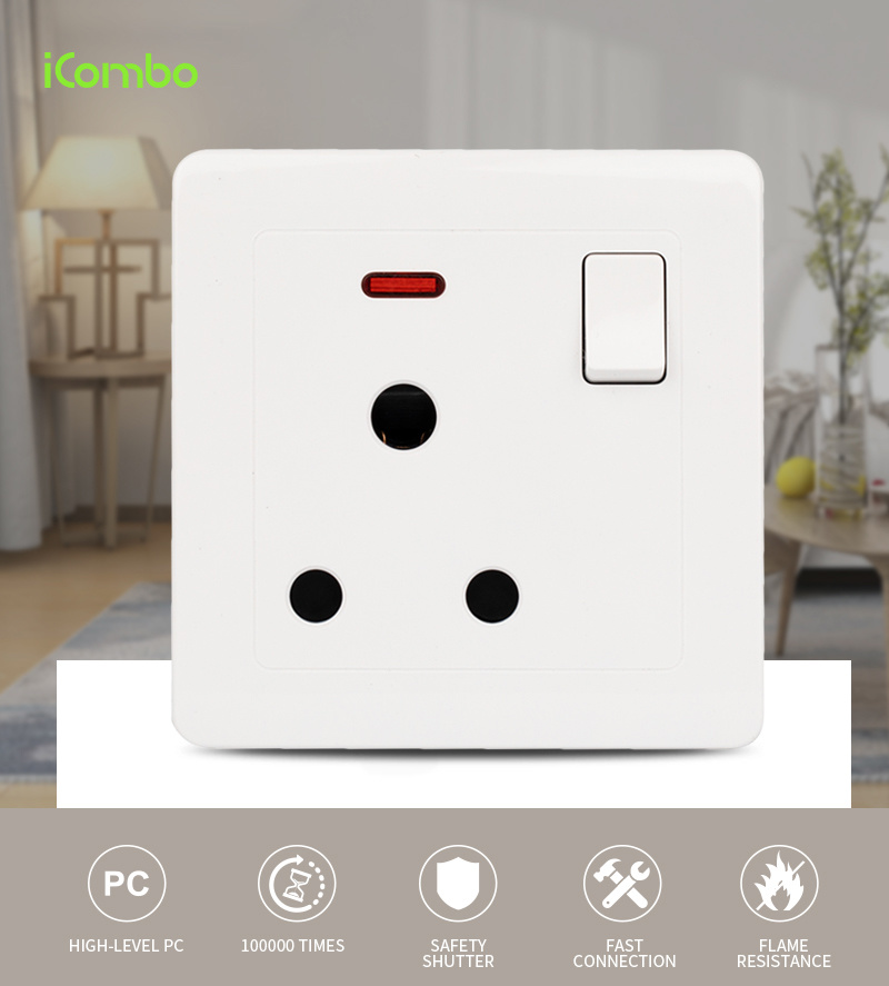 White Switched 15A Round Hole 3 Pin Wall Power Socket Outlet