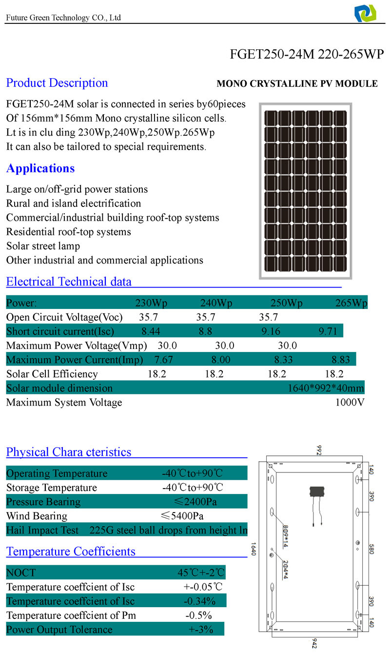250W Solar Power Panel Solar Products Photovoltaic Module