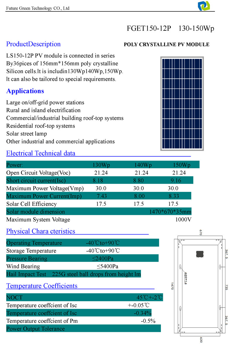 150W Renewable Home Solar Power Energy Polycrystalline Module