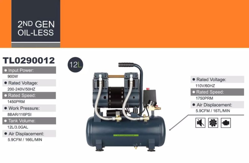 Mini Direct Silent Air Compressors 116psi 12L 5.9cfm 8bar Oilfree High Efficiency Piston Air Compressor Professional Compressor (Tl0290012)