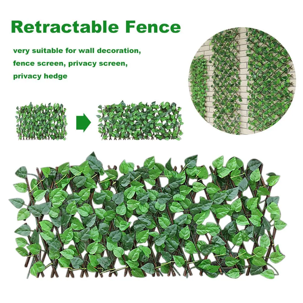 Wooden Retractable Garden Fence Artificial Leaf UV Protected Privacy Screen Fence