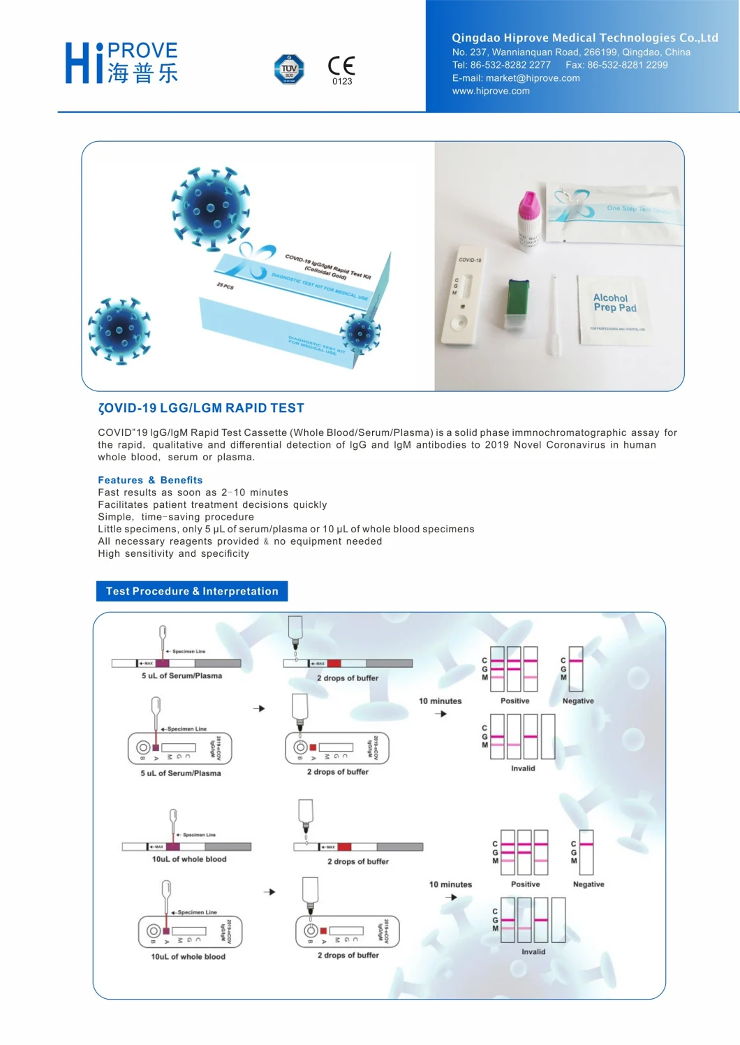 Igm/Igg Rapid Test Kit Medical Test Cassette by Blood/Serum/Plasma